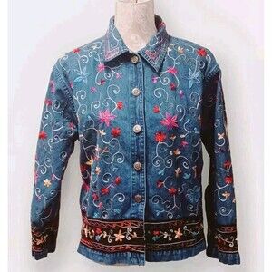 Life style Floral Embroidered Bohemian  Hippie Denim Jacket Size Medium